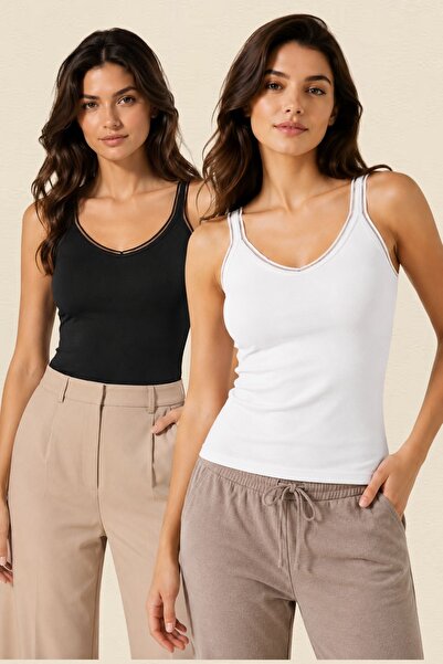 fevien 2-Pack Women's Cotton V-Neck Double Strap Detailed Comfortable Basic D...
