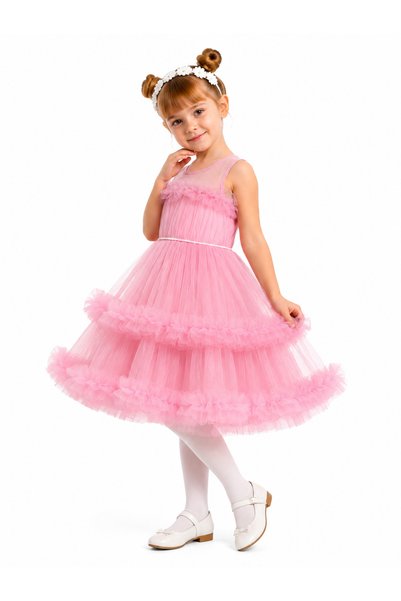 AHENGİM Girl's Pink Tulle Layered Dress Princess Model Evening Dress Ak432