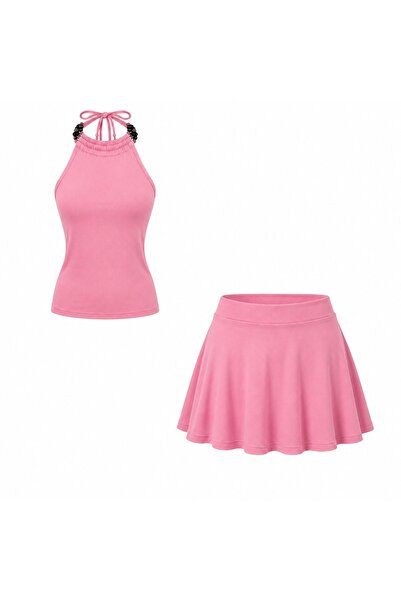 EVOA Women's Beaded Detailed Backless Blouse and Shorts Skirt Set