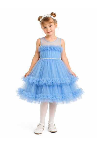 AHENGİM Girl's Pink Tulle Layered Dress Princess Model Evening Dress Ak432