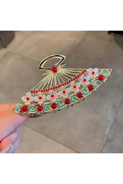 GÜLPEŞE Büyük Boy Şeffaf Çiçekli Gold Yelpaze Metal Mandal Toka