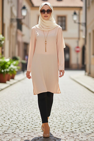 Moda Mistik Ember Uzun Tesettür Tunik Pudra Düz Renk