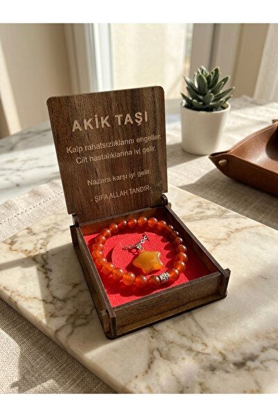 Meneva Aksesuar Agate Natural Stone Wooden Boxed Necklace and Bracelet Set