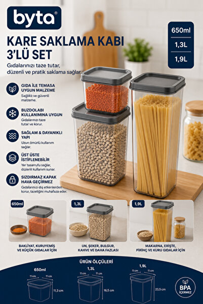 BYTA 3-Piece Square Food Storage Container Set 650 ml + 1.3 L + 1.9 L Plastic...
