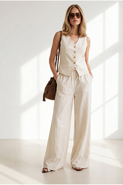 Olalook Women's Cream Lined Vest Trousers Linen Set Tkm-19000512
