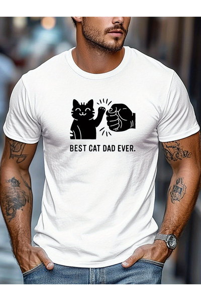BASEPULSE Teen "Best Dad Ever" T-Shirt - Funny Cat Lover Gift, Short Sleeve C...