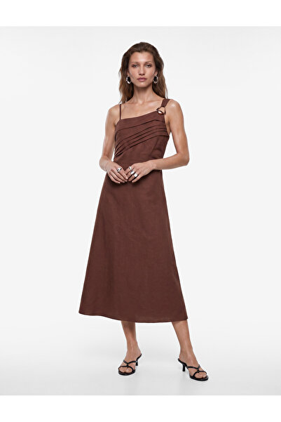 Koton Asymmetric Collar A-Line Strap Midi Linen Dress with Metal Accessories