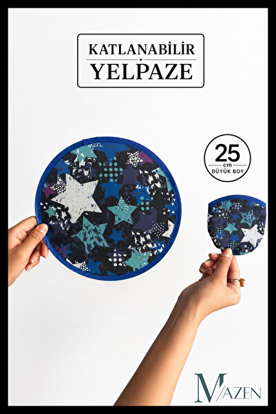 MAZEN Katlanabilir Yelpaze 25 cm Büyük Boy Kore Yelpazesi Mavi Yıldız Desenli...