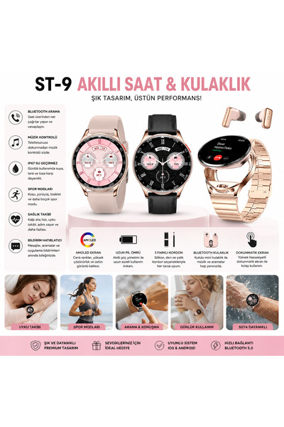 beemen Haino Teko Germany ST-9 Watch Buds Akıllı Saat ve Bluetooth Kulaklık | AMOLED Ekran | BT Arama | 3 Kordon | Android & iOS Uyumlu