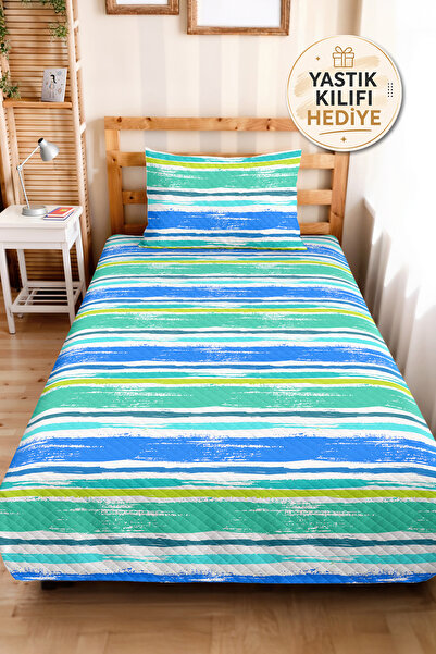 Evimde Bambaşka Blue Striped Modern Young Room Single Pique Set-Turquoise Gre...