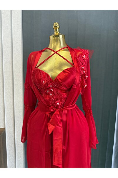 İana butik Kırmızı Dantel İşlemeli 2’li Saten Gecelik & Sabahlık Takımı
