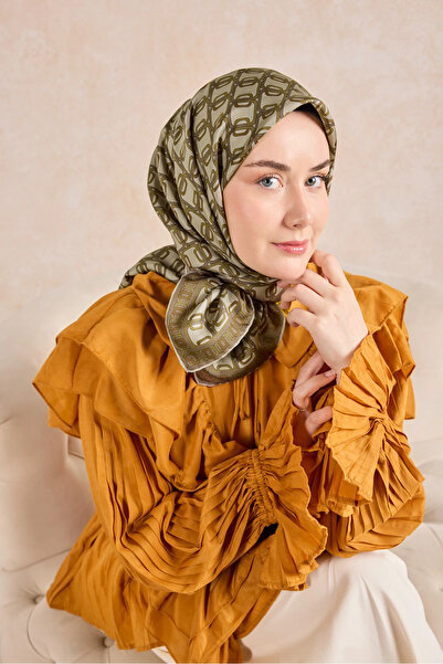 Silk Home Twill Silk Patterned Scarf 11521 Geometric Pattern 02-Mink-Beige-Brown
