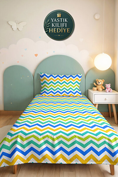 Evimde Bambaşka Blue Zigzag Geometric Teen Room Single Pique Set - Colorful 1...