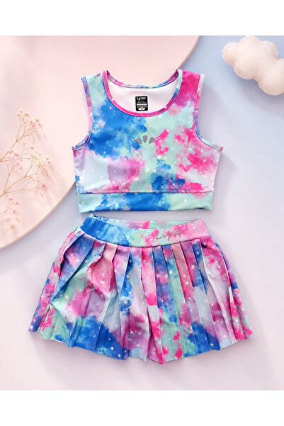 kr kids Girl's Galaxy Patterned Skirted Swimsuit Set Pleated Skirted Bikini Set
