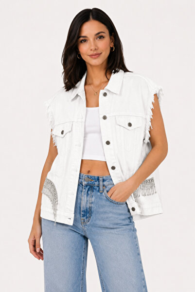 trendalisse Women's White Stone Detailed Oversize Denim Vest Jacket