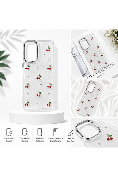 Samsung Galaxy A17/A26 Uyumlu Desenli Şeffaf Simli Gümüş Kamera Korumalı Çıkıntılı Parlak Kılıf