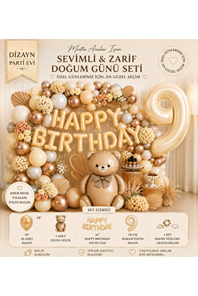 Dizayn Parti Evi Ayıcıklı Doğum Günü Süsleme Seti 1-9 Yaş Krem Happy Birthday...