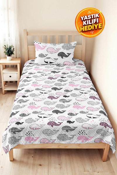 Evimde Bambaşka Pink Whale Children's Room Single Pique Set-Marine Black and ...