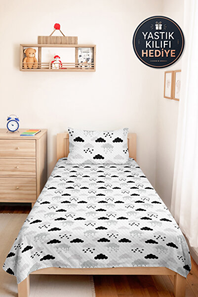 Evimde Bambaşka Cloud Star Gray Children's Room Single Pique Set-Minimal Blac...