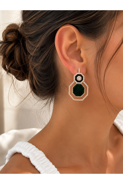 ANKA JEWELLRY Women's Steel Green Stone Octagonal Design Earrings