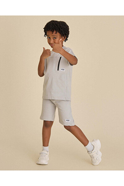 REDTAG Boys Light Grey Short Sleeve T-Shirt And Terry Shorts Set