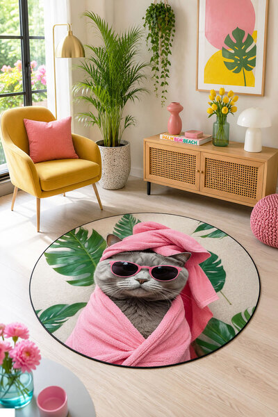 Toronto Home Dijital Kaymaz Yıkanabilir Renkli Kedili Modern Salon Halısı Mut...