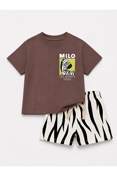 DOAMİNİ Erkek Çocuk Pamuklu Zebra Desen T-Shirt ve Şort Takım