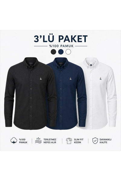 FSR FUSARO 3-Piece Men's Shirt Set 100% Cotton Slim Fit Button-Down Collar