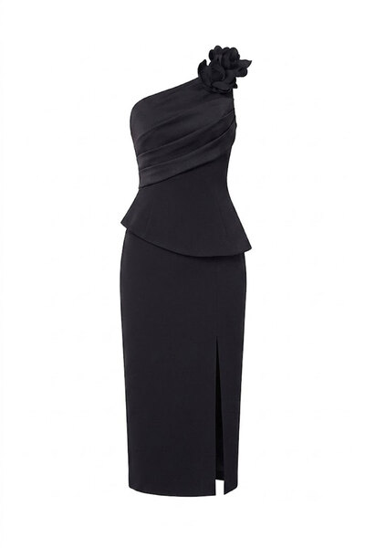 DANS ABİYE One-Shoulder Floral Detail Slit Sparkling Evening Dress Black