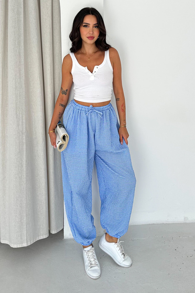 Noa&Noa Women's Blue Gingham Patterned Elastic Waist Jogger Pants