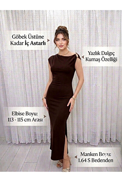 YABA Omuz Aksesuarlı Yan Yırtmaç Detaylı Midi Boy Şık Kadın Elbise