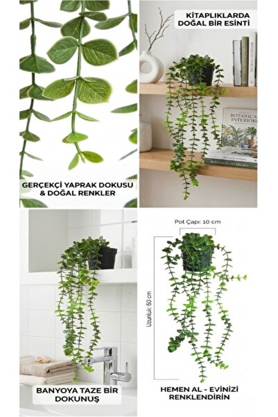 TARIK HOME Yapay Çiçek Dekoratif Saksılı 60 cm Yoğun Yapraklı Koyu Yeşil Okal...