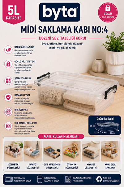 BYTA 5 L Multi-Purpose Storage Box with Lockable Lid Transparent Plastic Orga...
