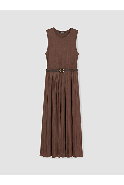 LC Waikiki Peak New Season Crew Neck Belted Pleated Dress