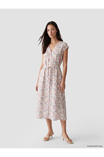 LC Waikiki Nevavm V-Neck Floral Dress with Belt at Waist