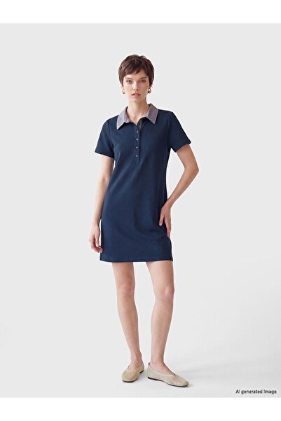 LC Waikiki Soulife Navy Blue Shirt Collar Mini Dress