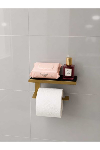 edil tasarim Toilet Paper Holder with Shelf |   Metal Body |   Phone and Accessory Rack with Shelf |   Adhesive & Screw Mounting