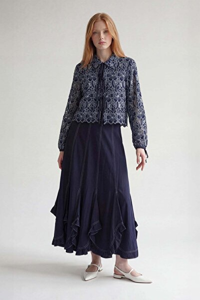 Levidor Dark Navy Blue Flower Pattern Skirt Suit
