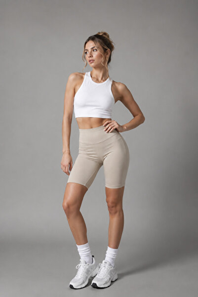 WILD BEE Women's Beige High Waist Slimming Flexible Short Leggings