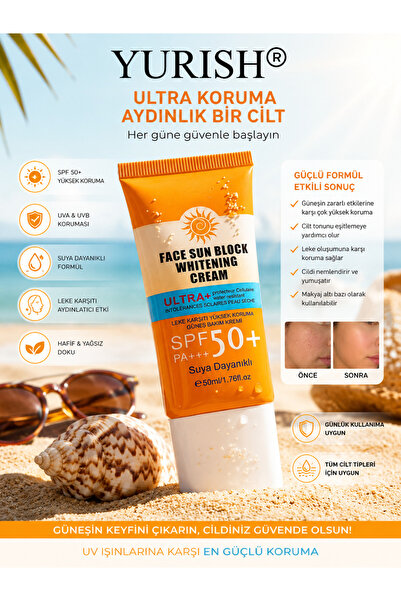 YURISH SPF 50+ Leke Karşıtı ve Beyazlatıcı Yüz Güneş Kremi 50 ml - Suya Dayanıklı PA+++