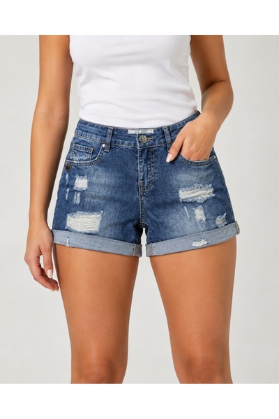 OEM Pantaloni scurți damă din denim albastru, model ripped cu tiv întors