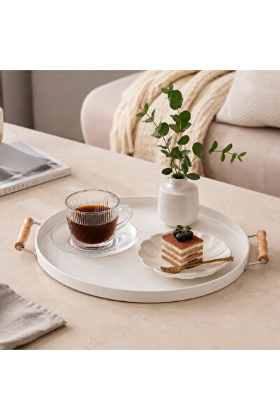 Warehouse Metal Round Serving Tray with Wooden Handles