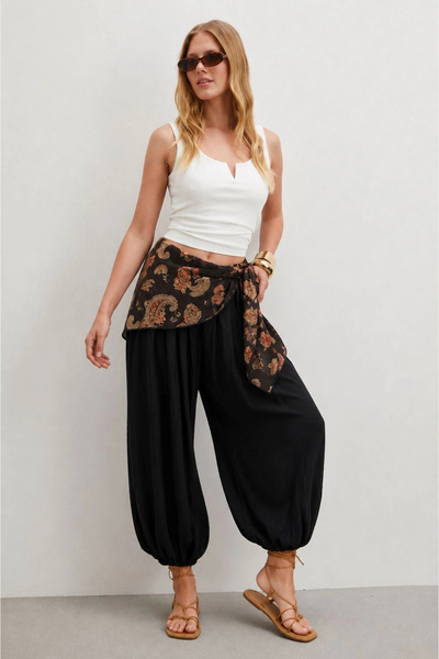 Eka Women's Black Shawl Detailed Relaxed Fit Shalwar Trousers 9898