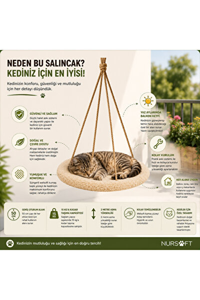 Nursoft Balkon Kedi Salıncağı 50 cm - Welsoft Kumaşlı Asma Kedi Yatağı | Cam Önü Kedi Dinlenme Alanı