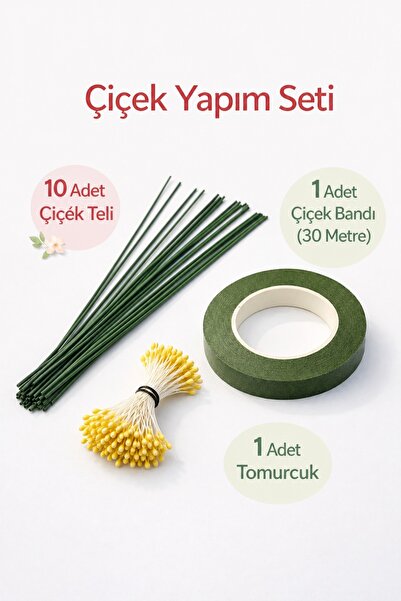 WAXERA Çiçek Yapım Seti – 10 Adet Çiçek Teli (30 cm) + 30 Metre Çiçek Bandı +...