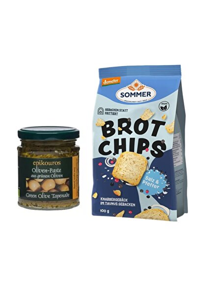 Epikouros Pachet Aperitiv Bio: Pastă din măsline verzi Tapenade 190 g + Chips...