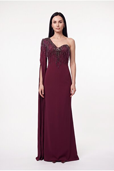 BDM Exclusive Couture Tek Omuz Taş Detaylı Uzun Abiye Elbise
