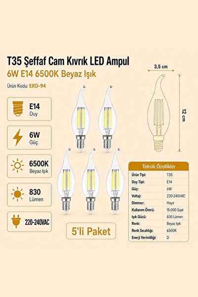 Heka T35 Şeffaf Cam Kıvrık LED Ampul 6W E14 6500K Beyaz Işık ERD-94 5'li
