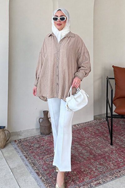 Tesettür Diyarı Πουκάμισο Oversize από ύφασμα Mery Jacquard Tulle Modal - Βιζ...