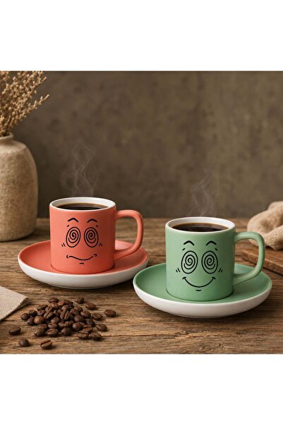 Bk Gift Set of 2 Ceramic Turkish Coffee Cups with Salmon and Green Colored Em...